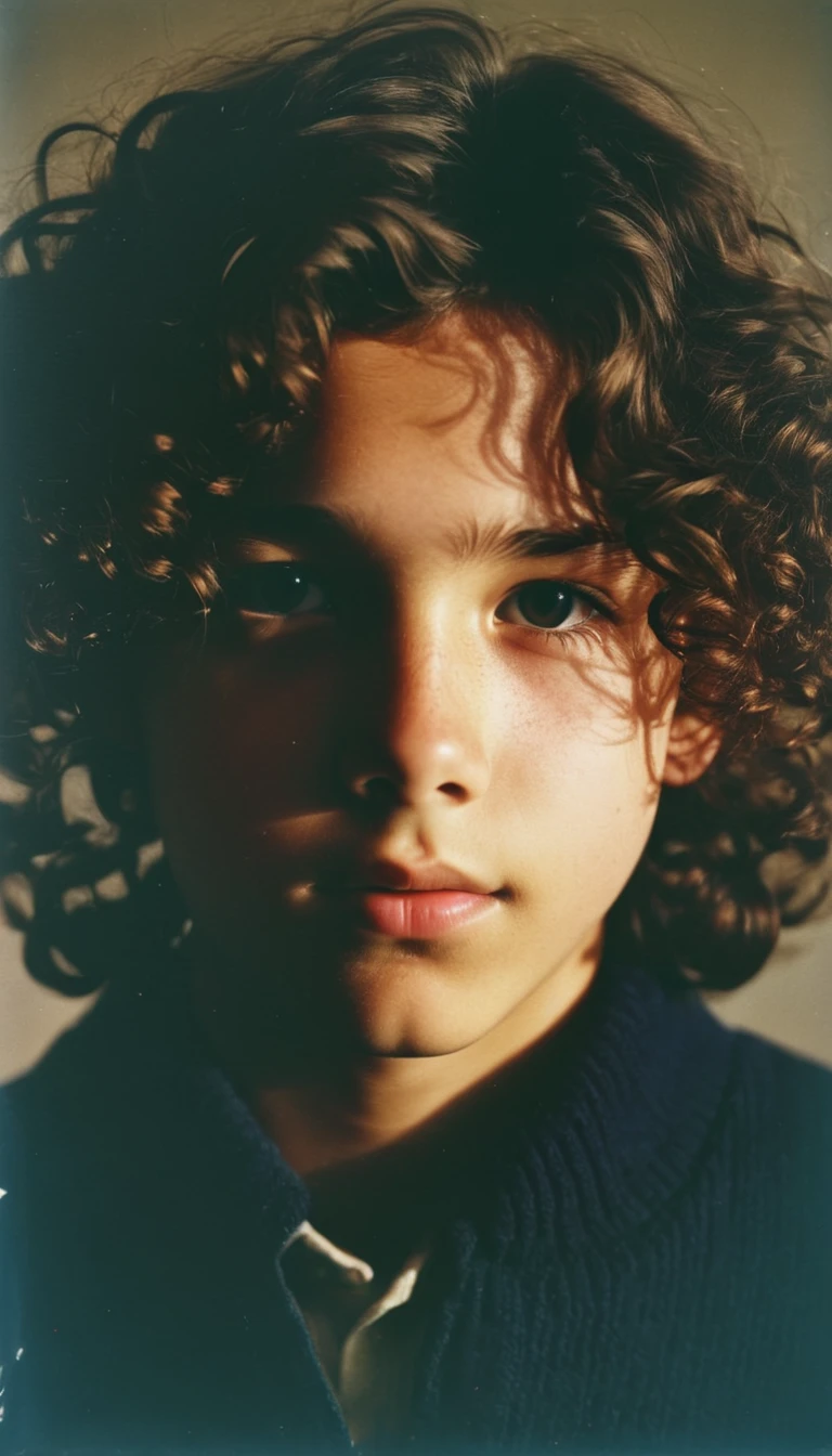 analog film photo, modern day photo of a young student, 14 years-old, male, brown-black hair, long curly hair, brown eyes, caucasian, round face, oval-shaped jawline, bulbous nose, full lips, thick eyebrows, soft features, stocky broad frame, chubby, resembles Gaten Matarazzo, (relaxed school uniform:1.1), silhouette, backlit, split lighting, half face in shadow, RAW Photograph, dslr, hard lighting, hard shadows, high quality, film grain, Fujifilm XT3, detailed skin with visible pores, insane details, masterpiece, 8k, 35mm photograph, dslr, kodachrome, faded film, desaturated, 35mm photo, grainy, vintage, Kodachrome, Lomography, stained, highly detailed, found footage, yearbook portrait, contemporary, 2024