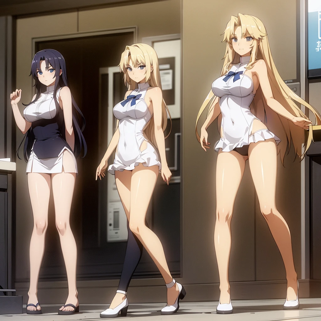 3 female students wear bare shoulders to school ， Blonde beauty with long flowing hair and beautiful legs 