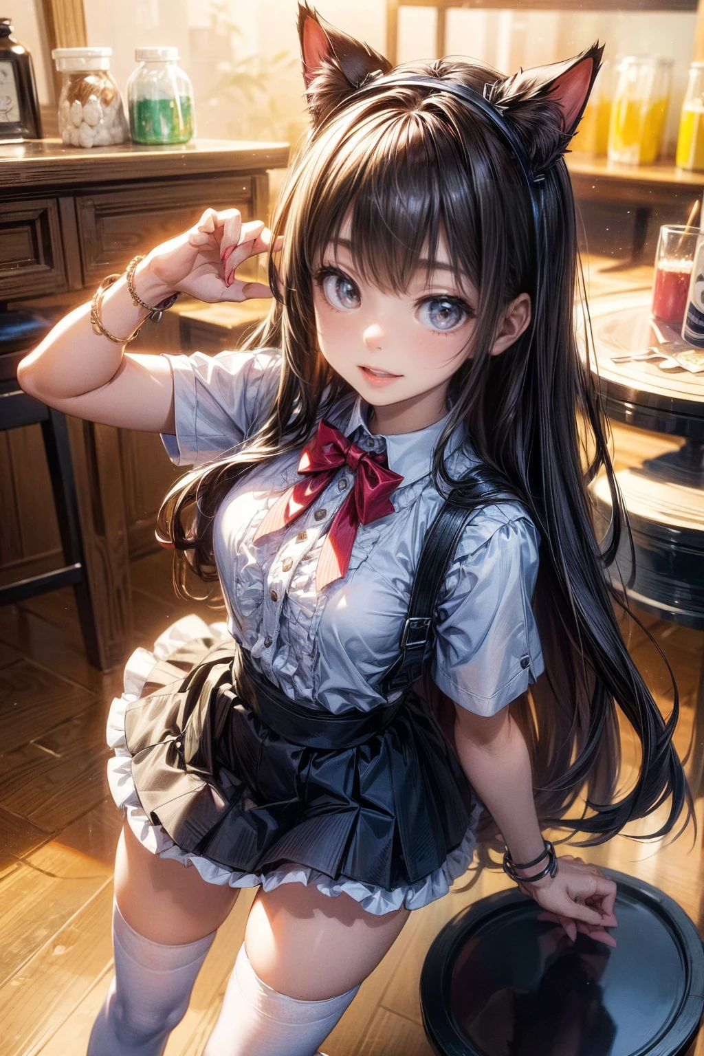 One Girl、(20-year-old woman)、Cat ears headband、Cat tail、Black maid outfit、Holding a tray with two parfaits on it in one hand、With the other hand, lift your skirt to show your underwear、Short skirt、I can see your pants、White knee-high socks、Striped pants、Highest quality、8K、Beautiful Face、Mischievous smile、Wink to the viewer、View Viewer、A bright cafe with a black cat