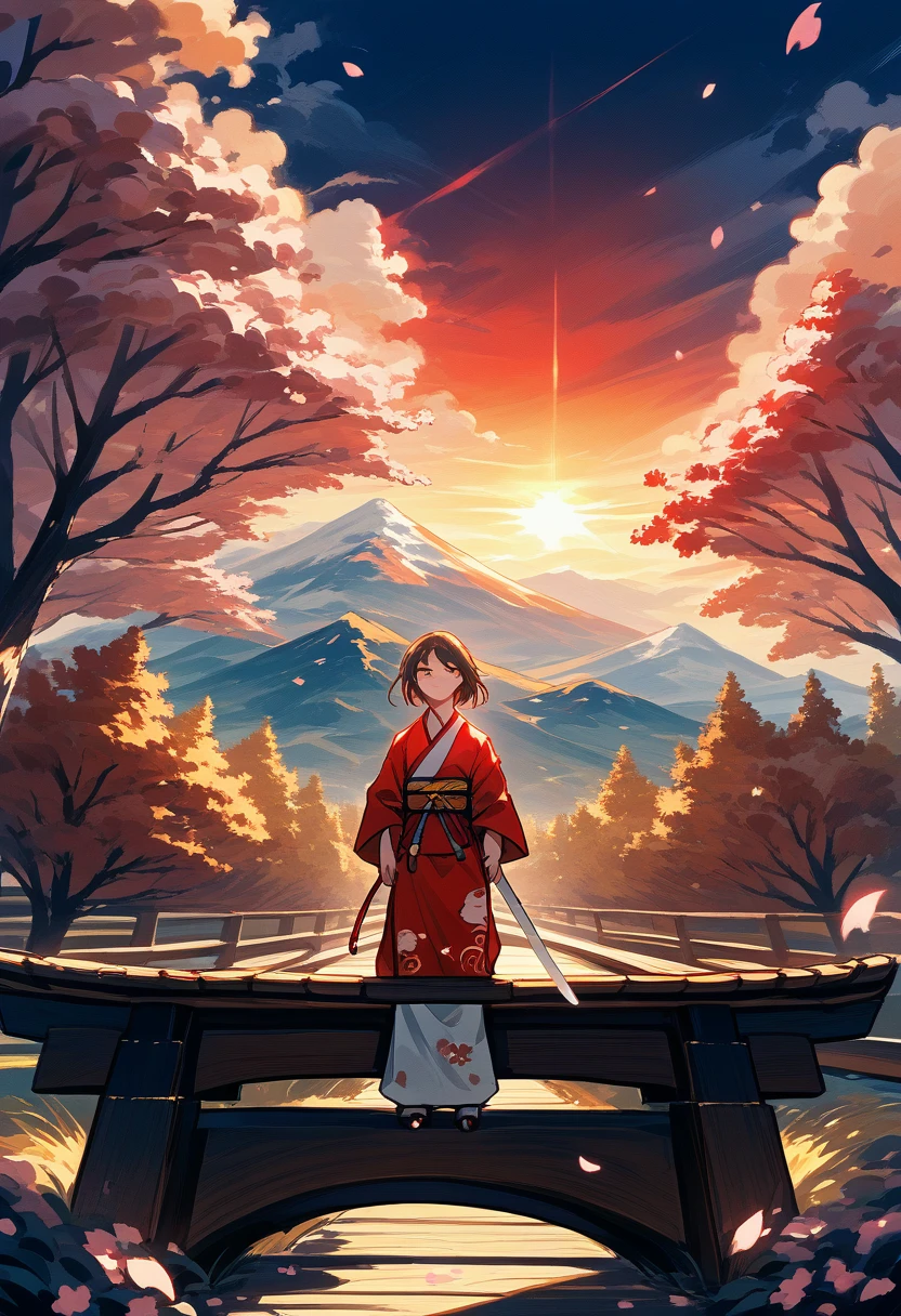 masterpiece, cinematic, highly detailed, 4k resolution, high contrast, sharp focus, realistic, stunning, breathtaking, dramatic, two samurai, one with a traditional samurai outfit, the other with a dark, menacing outfit, samurai facing each other, swords drawn, intense expressions, determined expressions, focused gaze, wooden bridge, cherry blossom petals falling, sunset, dramatic mountain range in the background, red sky, golden light, silhouetted mountains, dramatic lighting, golden hour lighting, cinematic lighting, warm lighting, shadows, light and shadow contrast, rays of sunlight,