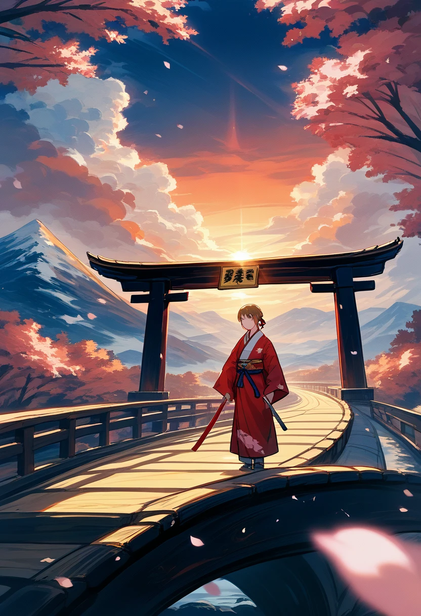 masterpiece, cinematic, highly detailed, 4k resolution, high contrast, sharp focus, realistic, stunning, breathtaking, dramatic, two samurai, one with a traditional samurai outfit, the other with a dark, menacing outfit, samurai facing each other, swords drawn, intense expressions, determined expressions, focused gaze, wooden bridge, cherry blossom petals falling, sunset, dramatic mountain range in the background, red sky, golden light, silhouetted mountains, dramatic lighting, golden hour lighting, cinematic lighting, warm lighting, shadows, light and shadow contrast, rays of sunlight,