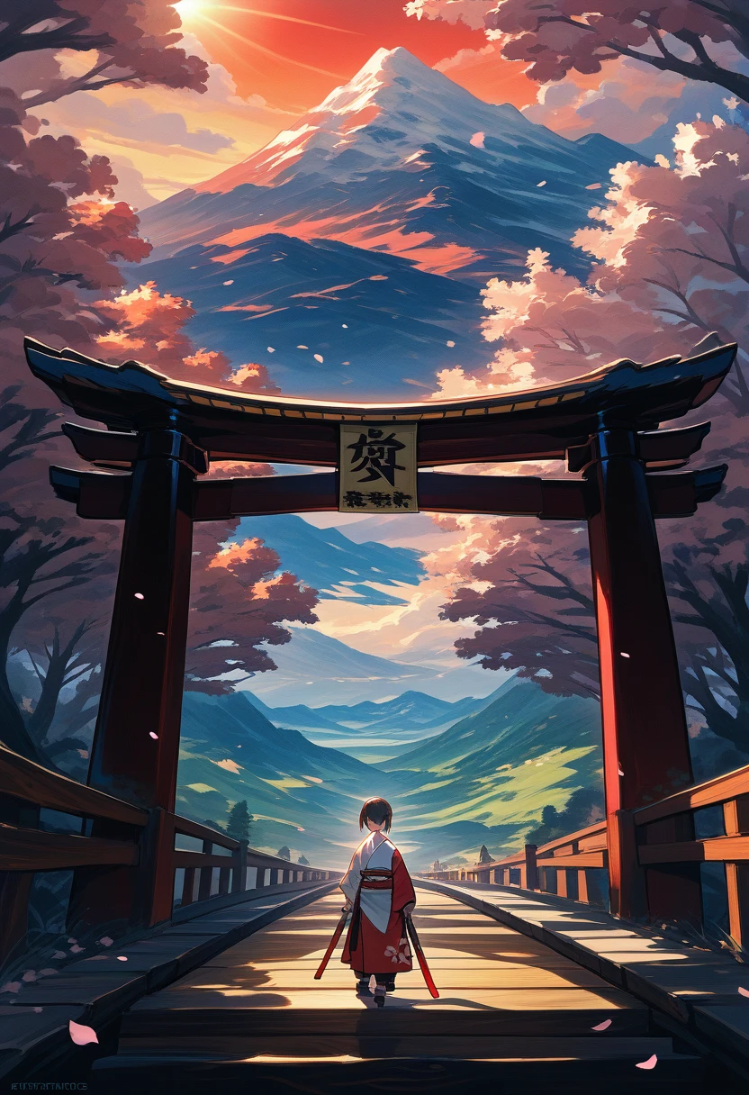 masterpiece, cinematic, highly detailed, 4k resolution, high contrast, sharp focus, realistic, stunning, breathtaking, dramatic, two samurai, one with a traditional samurai outfit, the other with a dark, menacing outfit, samurai facing each other, swords drawn, intense expressions, determined expressions, focused gaze, wooden bridge, cherry blossom petals falling, sunset, dramatic mountain range in the background, red sky, golden light, silhouetted mountains, dramatic lighting, golden hour lighting, cinematic lighting, warm lighting, shadows, light and shadow contrast, rays of sunlight,