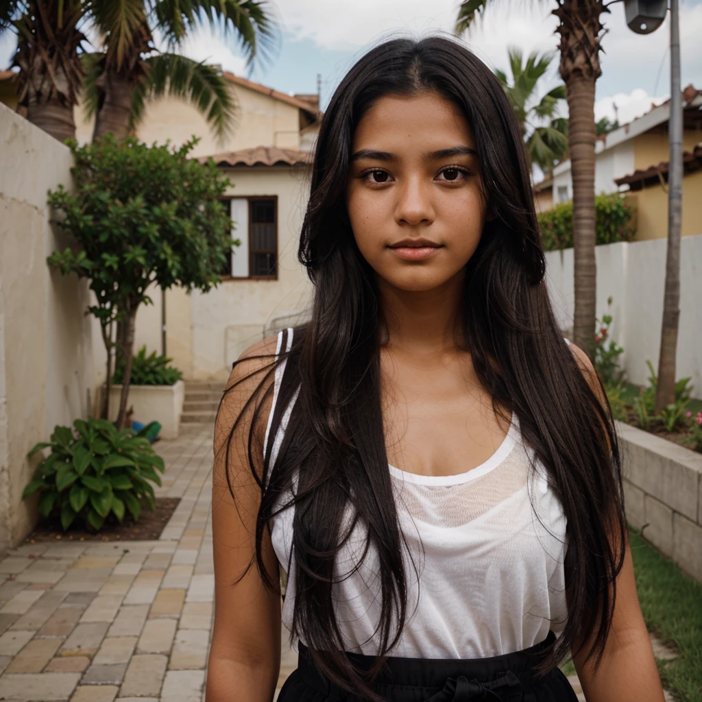 Peruvian teenager with brown skin and long black hair , Brown eyes, With 