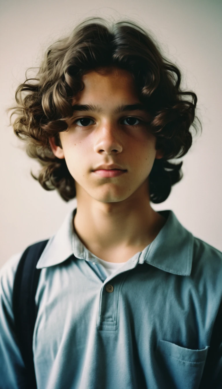 analog film photo, modern day photo of a young student, 14 years-old, male, brown-black hair, long curly hair, brown eyes, caucasian, round face, oval-shaped jawline, bulbous nose, full lips, thick eyebrows, soft features, stocky broad frame, chubby, resembles Gaten Matarazzo, (relaxed school uniform:1.1), silhouette, backlit, split lighting, half face in shadow, RAW Photograph, dslr, hard lighting, hard shadows, high quality, film grain, Fujifilm XT3, detailed skin with visible pores, insane details, masterpiece, 8k, 35mm photograph, dslr, kodachrome, faded film, desaturated, 35mm photo, grainy, vintage, Kodachrome, Lomography, stained, highly detailed, found footage, yearbook portrait, contemporary, 2024