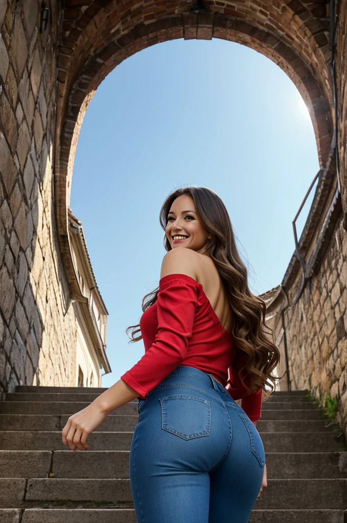 Caucasian woman in her 30s、Long soft wavy hair、shiny hair quality、bright blue eyes、A feminine and soft body、developed glutes、Toned thighs and calves、Wearing bright red off-the-shoulder flying altoini heelsＴshirt、High-waisted navy blue jeans、A low angle shot from behind of a man walking up cobblestone stairs in a city、Photographed with a slight fisheye lens effect.、Shot focused on the lower body.、(from below:1.3)、Smiling while looking down at the photographer.