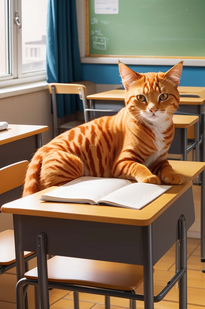 An orange cat at the feline school studying in the classroom. (No human presence)