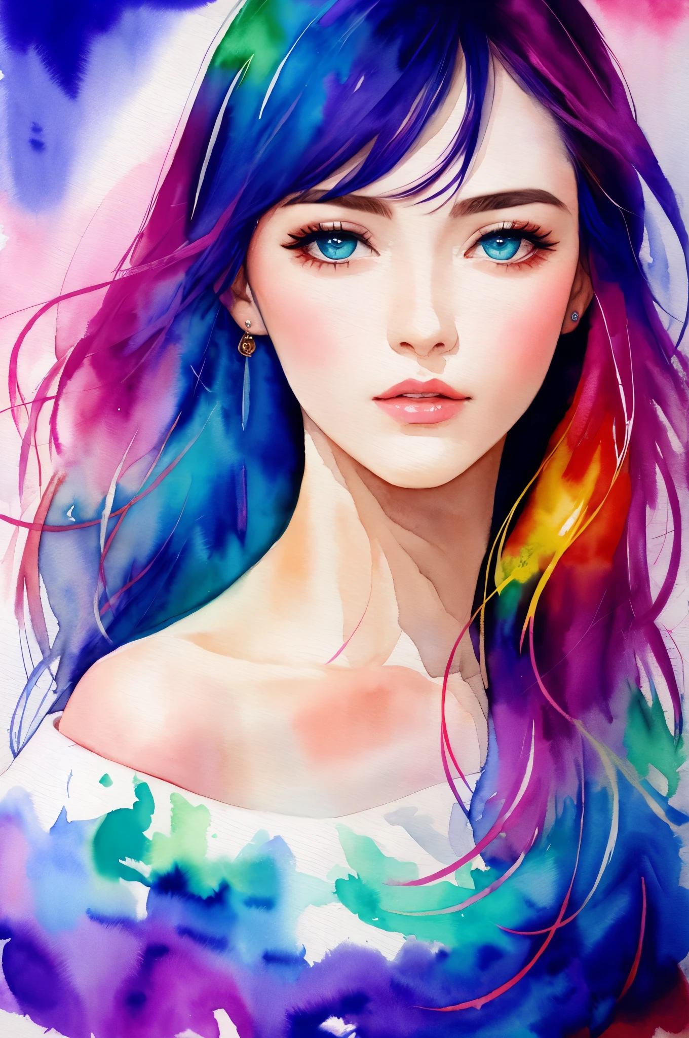 (8k, best quality, masterpiece:1.2),(best quality:1.0), (ultra highres:1.0), watercolor, a beautiful woman, shoulder, hair ribbons, by agnes cecile, half body portrait, extremely luminous bright design, pastel colors, (ink:1.3), autumn lights,