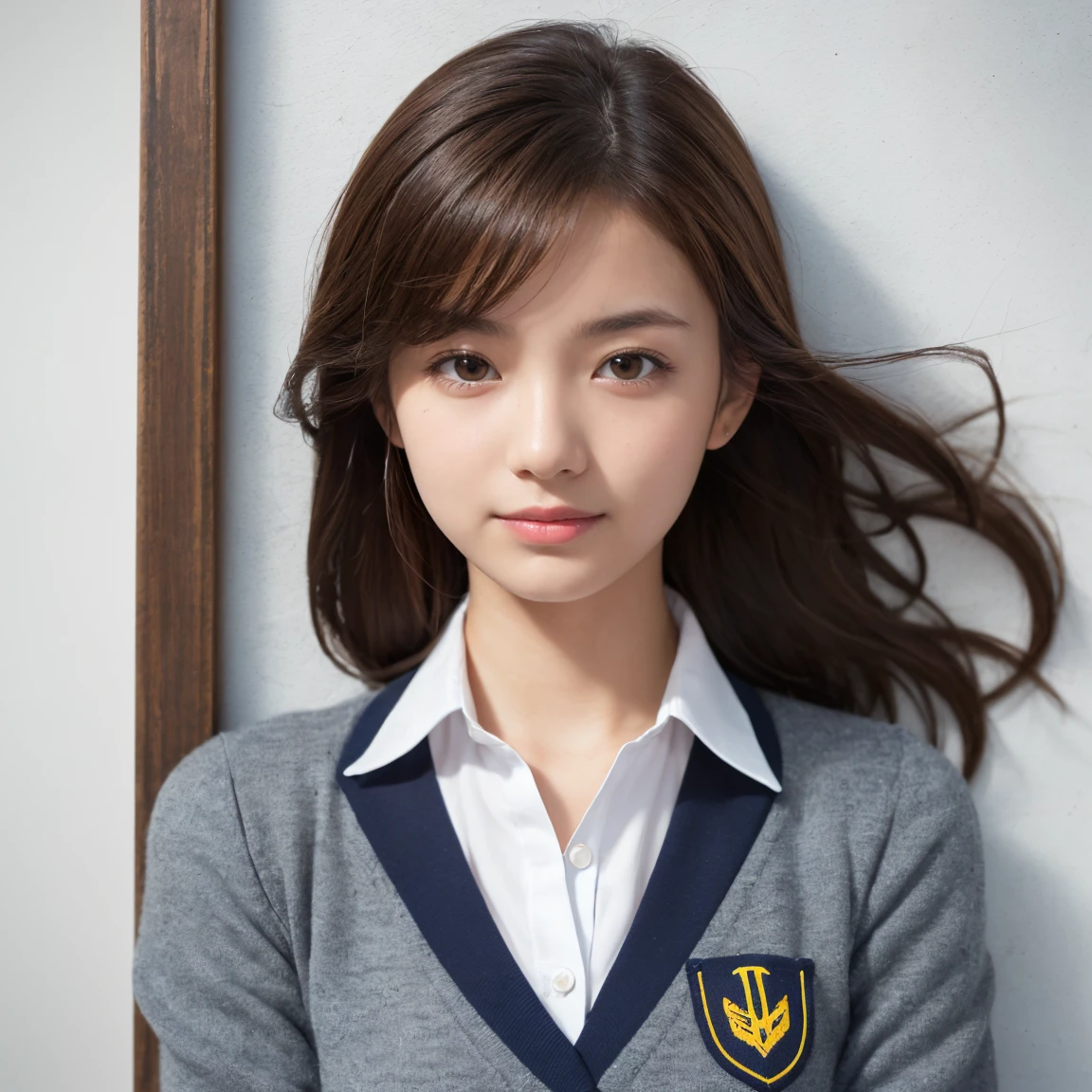 ((Highest quality, Anna_girl)), ((1girl, alone)), ((Norring:1.3)), ((Norring photography)), (20-year-old woman), ((1girl, alone)), (Glowing Skin:1.3), Realistic, Extremely detailed CG, High-quality RAW color photos, Professional photography, (Glowing Skin:1.3), ultra Realistic photo, Highly detailed face and skin texture, Natural neck length, (Slender body), (Dark brown hair, Hime cut), Symmetrical clear eyes, Cute Smile, (Lying on the white floor), break, ((High School Uniform:1.37)), (Mr.々Various kinds of clothes are neatly arranged:1.5), ((whole body))