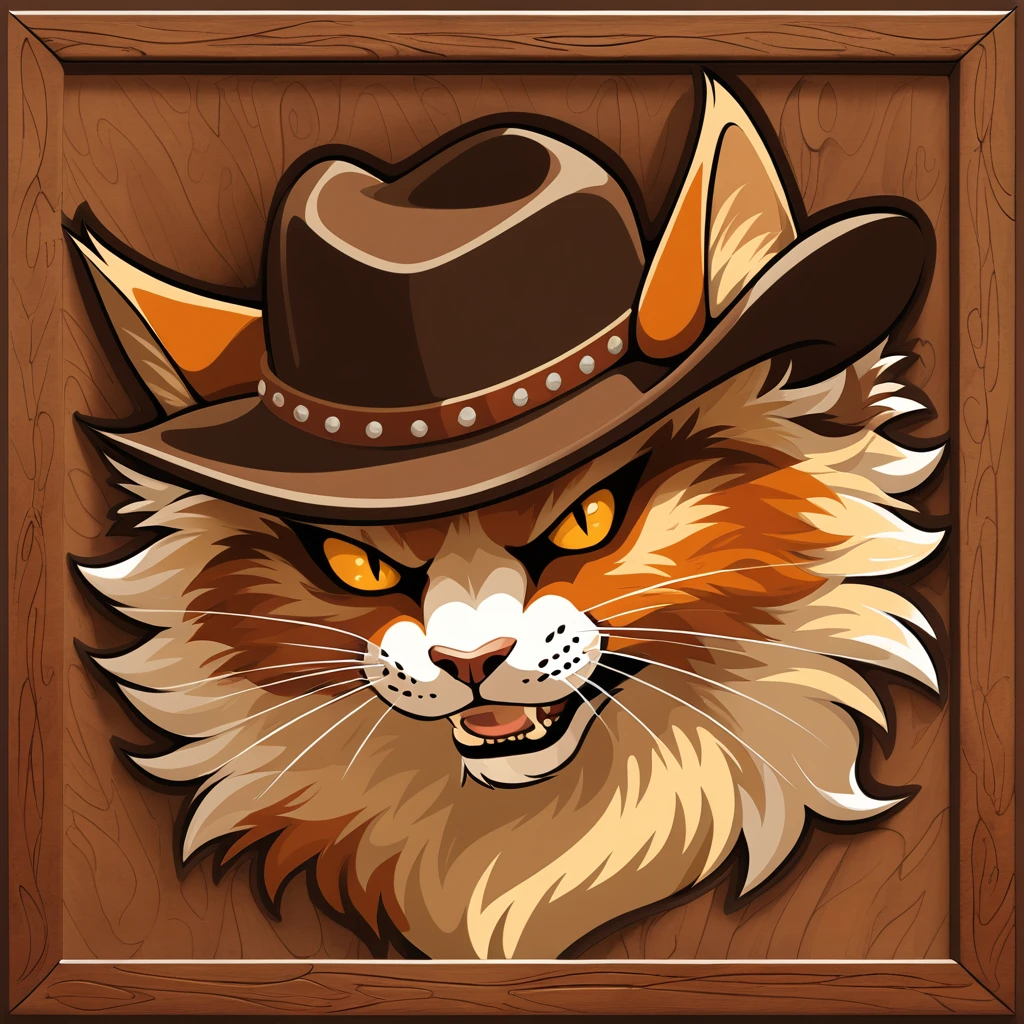 angry cowboy cat in marquetry art style