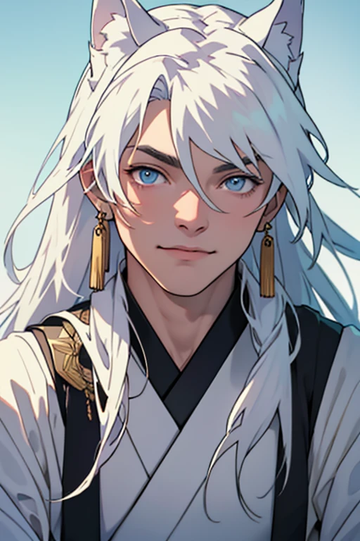 (Masterpiece), Best Quality, of the highest quality, Very detailed, Original, CG Unit Wallpaper 8k High Resolution, (depth of field: 1.5), fidelity: 1.3, (Best Quality, artwork, Masterpiece, 8k), Alone, male, whole body, pale white skin, by white, long straight hair, Handsome man, detailed background of a castle, pretty eyes, violet eyes, Masterpiece, 18 years, earrings, wearing traditional japanese clothing, detailed face, serene expression, white wolf ears on the head, high, long limbs, mature traits, gentle smile, sharp eyes, Loose hair and piercing gold and blue eyes