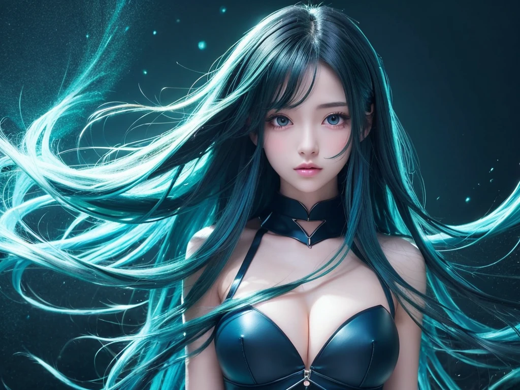 The hair on the top of the head is dark blue.、The tip of the hair is a dark green gradient。girl、、Anime Style、Big Breasts、clear、Wizard