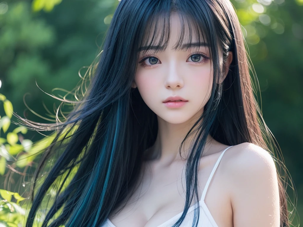 The hair on the top of the head is dark blue.、The tip of the hair is a dark green gradient。girl、、Anime Style、Big Breasts、clear、Wizard