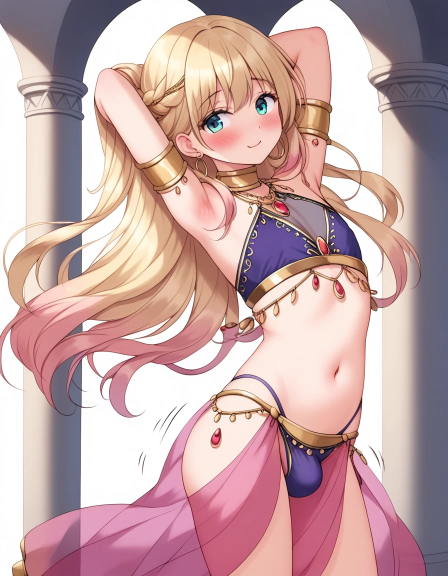 1boy, feminine and girly, trap, twink, thong, background, blush, see-through belly dancer outfit, big butt, belly dancer, innocent and cute boy, the boy is about , butt, small bulge, dancing, arabic harem, see-through silk, gold jewelry, (see-through silk clothes), arabic harem interior, long hair, ass sway, motion lines, see-through top, see-through bottoms,