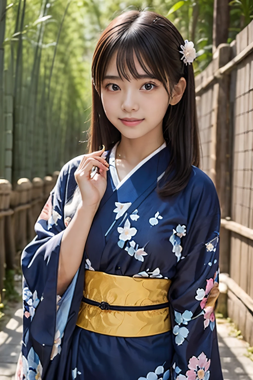 (masterpiece, Highest quality:1.2), One girl, solo, 16 years old, Cute face, (Night Sky, A Japanese girl makes a wish to a beautiful starry sky:1.4)、Tanabata Night, (Wear a beautiful yukata with a classic pattern, White fabric with light blue and pink floral pattern, Japanese style hair accessories:1.2), kimono, Girl with a paper, (In the bamboo forest), clear, smile,