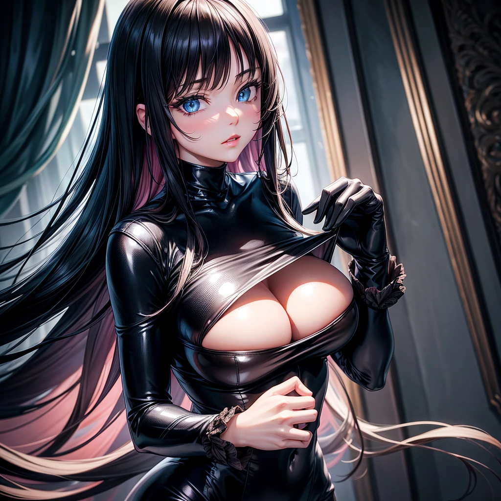 very detailed face, detailed clothing, detailed fabric, 1 woman, perfectly drawn body, huge breasts, sexy pose, beautiful face, long black hair, blue eyes, very detailed eyes, pink cheeks, shy expression,  (Shiny black tight bodysuit), black gloves, gloves covering hands, Sensual lips ,  dinner de invierno, Show details at a glance, View from the front, looking at viewer, dark road, Dark Forest, dinner, atmosphere, Fog