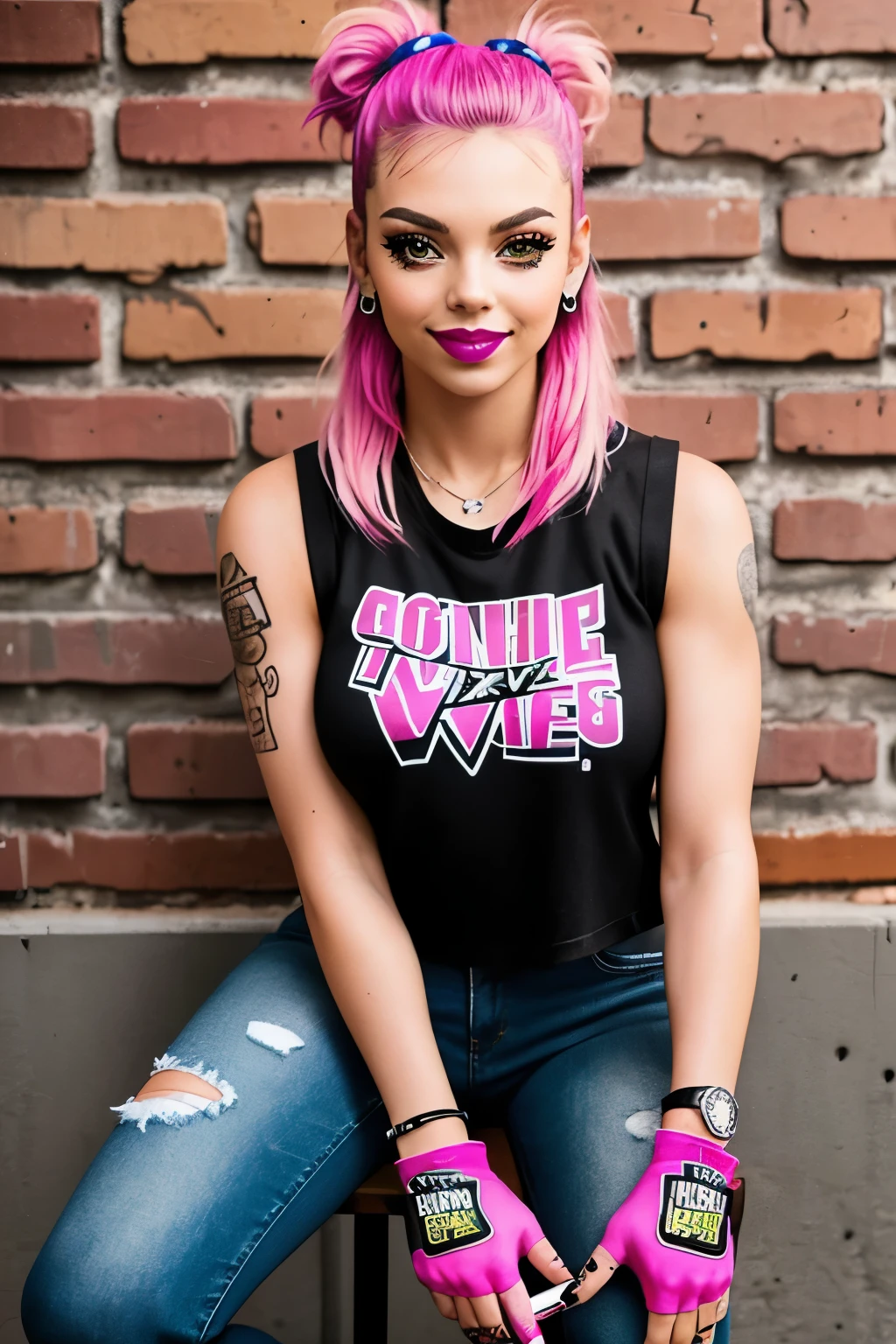 Wrestler:  Liv Morgan
Background: A vibrant cityscape with graffiti murals and flashing neon signs would reflect Liv's edgy and artistic personality.
Liv:
 * Hair: Long, bubblegum pink hair styled in two messy buns with strands framing her face.
 * Face: A mischievous grin with bright blue eyeliner and bold pink lipstick.
 * Attire:
   * A custom-designed denim vest with punk rock patches and ripped black jeans.
   * A black t-shirt with a graphic design underneath the vest.
   * Black combat boots with pink laces.
 * Accessories:
   * Multiple silver piercings on her ears and nose.
   * Colorful bracelets and fingerless gloves.
 * Pose:  Liv leans against a brick wall with a confident smirk.  One leg is bent at the knee, foot resting on the wall. Her other hand rests on her hip, while she holds a spray can in her raised hand, ready to tag the wall.