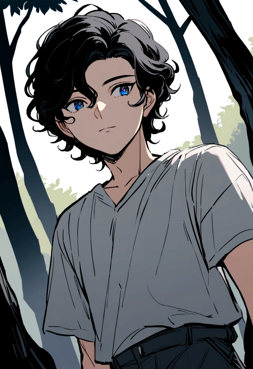 There is a young man with a beautiful face, curly black hair and big blue eyes in a sunny forest., an attentive and thoughtful expression on a beautiful face, longitud total, dressed in a simple gray shirt and old style pants