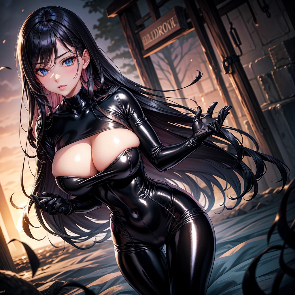 very detailed face, detailed clothing, detailed fabric, 1 woman, perfectly drawn body, huge breasts, sexy pose, beautiful face, long black hair, blue eyes, very detailed eyes, pink cheeks, shy expression, (Shiny black tight bodysuit), black gloves, gloves covering hands, Sensual lips , dinner de invierno, Show details at a glance, View from the front, looking at viewer, dark road, Dark Forest, dinner, atmosphere, Fog