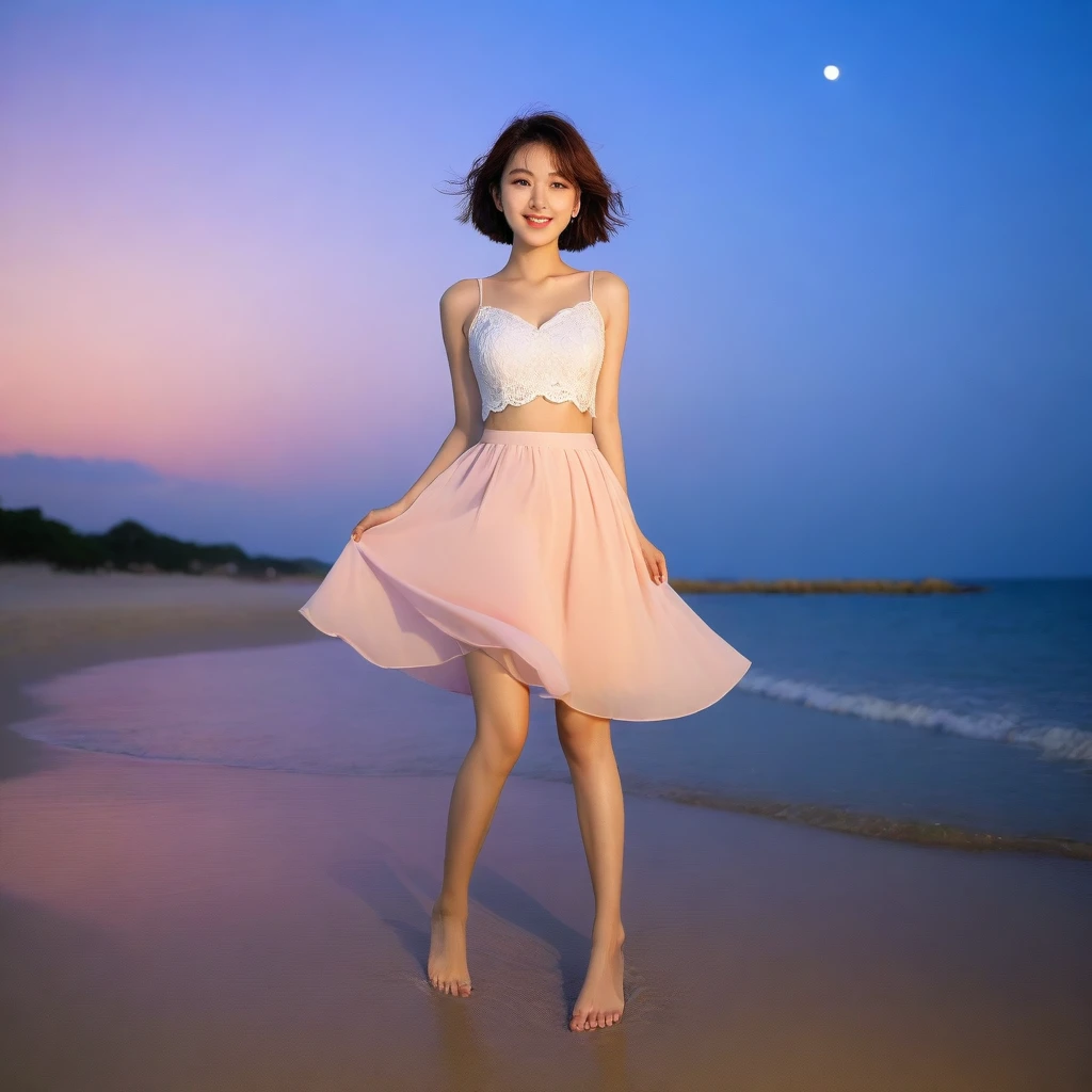 beautiful korean girl, Chest size 34 inches, Wear sleeveless, light skirt, red light on the beach after sunset. beautiful pretty woman look , wearing a light skirt , Go far into the sea water and dip your toes., Short medium hair blowing in the wind, 1 woman, beautiful eyes, a little smile, Full body photo from a distance with a wide angle lens