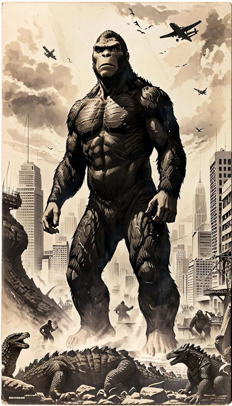 monochromatic、King Kong、Godzilla、25 meters、70's、Streetscape、Tokyo、Put your arm around someone's shoulder、smile、
