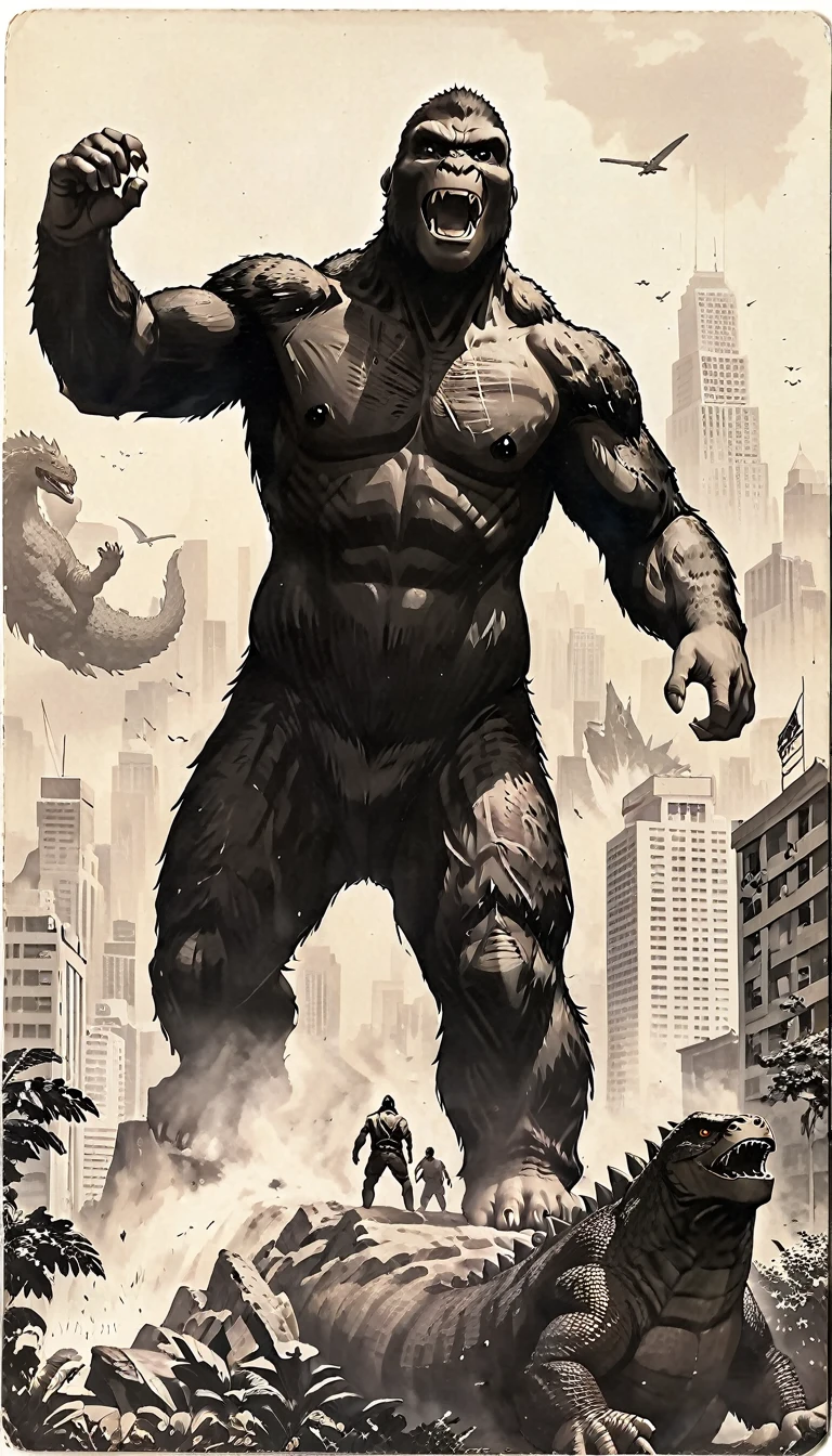 monochromatic、King Kong、Godzilla、25 meters、70&#39;s、Streetscape、Tokyo、Put your arm around someone&#39;s shoulder、smile、
