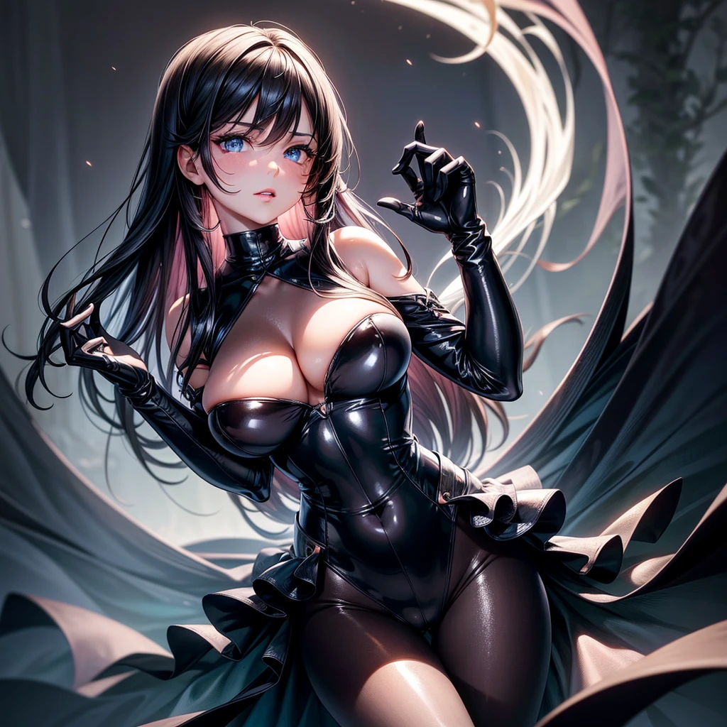 very detailed face, detailed clothing, detailed fabric, 1 woman, perfectly drawn body, huge breasts, sexy pose, beautiful face, long black hair, blue eyes, very detailed eyes, pink cheeks, shy expression, (Shiny black tight bodysuit), black gloves, gloves covering hands, Sensual lips , dinner de invierno, Show details at a glance, View from the front, looking at viewer, dark road, Dark Forest, dinner, atmosphere, Fog