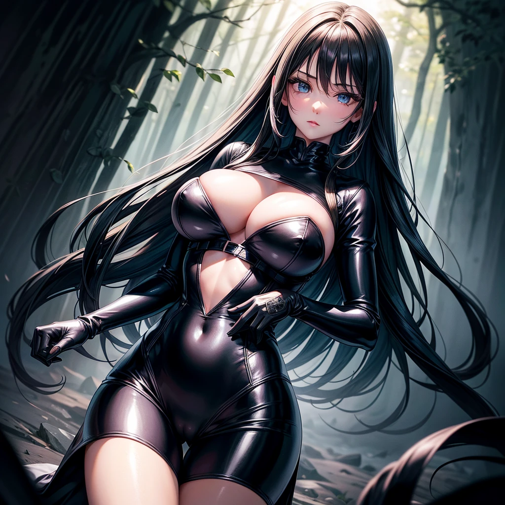 very detailed face, detailed clothing, detailed fabric, 1 woman, perfectly drawn body, huge breasts, sexy pose, beautiful face, long black hair, blue eyes, very detailed eyes, pink cheeks, shy expression,  (Shiny black tight bodysuit), black gloves, gloves covering hands, Sensual lips ,  dinner de invierno, Show details at a glance, View from the front, looking at viewer, dark road, Dark Forest, dinner, atmosphere, Fog