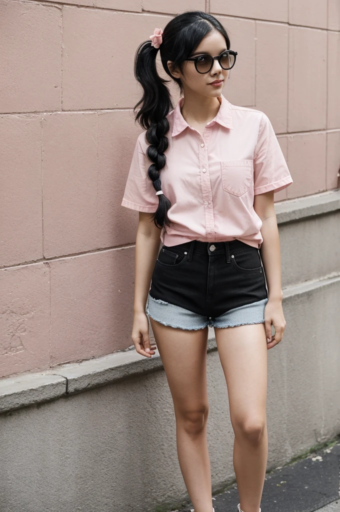 Girl whit a white complexion, she is slim, wavy black hair tied in two low pigtails, with a light pink flower always on the right side, she wears rectangular glasses, she also wears dark denim mini shorts, and a short black shirt, with light pink heels.