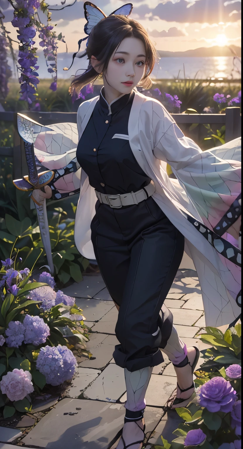 Ultra-realistic 8K CG, masterpiece,(mini skirtBare feet and white panties:1.4) close, (Weapons in hand: 1.2), (attack: 1.2), beauty, goddess, (Bare feet and white panties:1.3),from the front, face sticking out, (Highly detailed background, Delicate pattern, Intricate details)), high quality, highly detailed face, (超mini skirtから見える白いパンティ生脚:1.4)、Highly detailed eyes and face, Highly detailed eyes, Shinobi Kocho, Colorful Hair, No bangs, Hair Intake, Purple eyes, amount, Black Shirt, Black trousers (Haori, butterfly, button, belt, (garden: 1.2), Purple Flower, Little, cloudy null, sunlight, Tyndall effect, Exy、slope_null, face, gorgeous null, sword on waist,Ultra-realistic 8K CG, masterpiece,(mini skirt:1.4) close, (Weapons in hand: 1.2), (attack: 1.2), beauty, goddess, from the front, face sticking out, (Highly detailed background, Delicate pattern, Intricate details)), high quality, highly detailed face, Highly detailed eyes and face, Highly detailed eyes, Shinobi Kocho, Colorful Hair, No bangs, Hair Intake, Purple eyes, amount, Black Shirt, Black trousers (Haori, butterfly, button, belt, (garden: 1.2), Purple Flower, Little, cloudy null, sunlight, Tyndall effect, slope_null, face, gorgeous null, sword on waist,