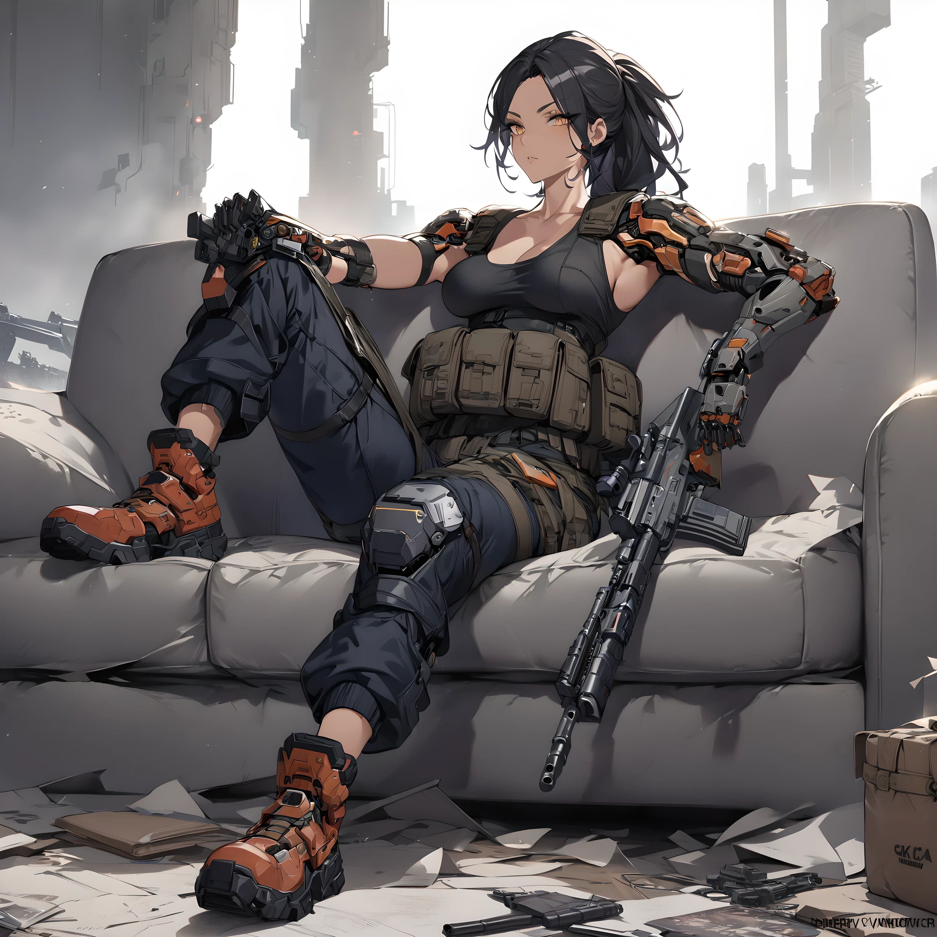 there is a woman sitting on a couch with a gun, mechanized soldier girl, lara croft relaxing, mercenary, badass pose, resting after a hard mission, concept art like ernest khalimov, soldier girl, badass anime 8 k, character art the contra, cyberpunk judy alvarez, jet black haired cyberpunk girl, by Yang J, infantry girl, hd artwork