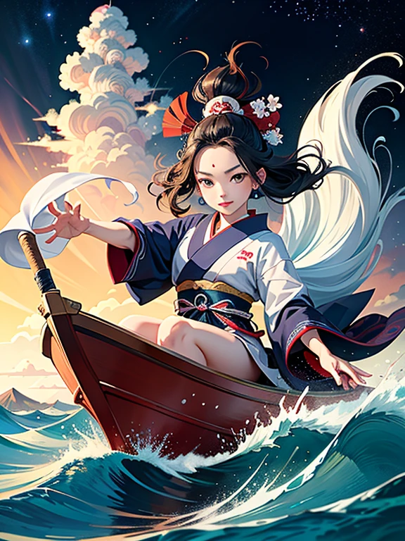 (Highest quality、masterpiece、High resolution、Official Art、8K)、Ukiyo-e、Katsushika Hokusai、Fuji Mountain、White waves of the sea、Boat、