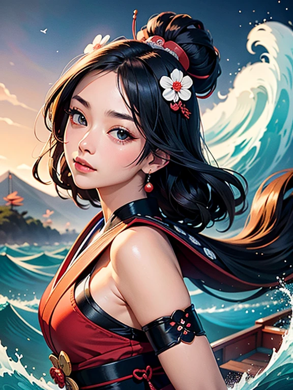 (Highest quality、masterpiece、High resolution、Official Art、8K)、Ukiyo-e、Katsushika Hokusai、Fuji Mountain、White waves of the sea、Boat、