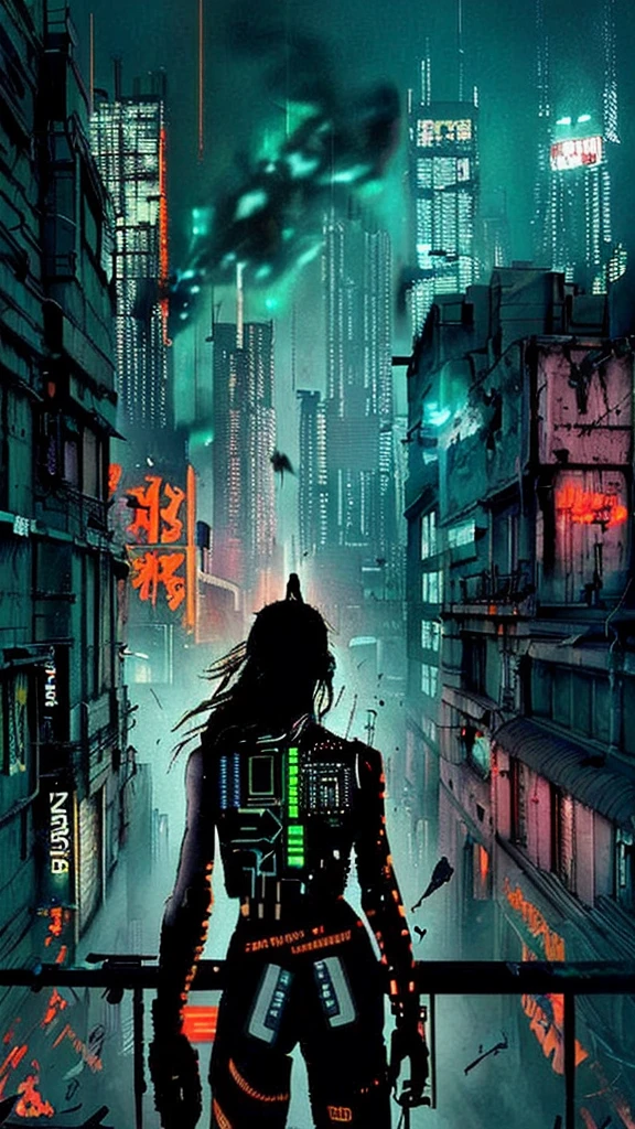 cyberpunk weapon woman tattoos, vest, swaat gear, cropped photo, Generate an atmospheric and neon-lit cityscape at night, with towering skyscrapers and holographic advertisements illuminating the dark streets. Incorporate a sense of grittiness and dystopian decay, with crumbling infrastructure and overgrown vegetation. The dominant color palette should be shades of blue, green, and yellow, with bursts of red and orange from neon signs and explosions. In the center of the image, depict a lone figure (human or android) standing atop a ruined building, looking out over the cityscape with a mixture of determination and despair in their expression. The figure should be dressed in a combination of futuristic and scavenged attire, with visible cybernetic enhancements. Surrounding the figure are hints of rebellion and resistance, such as graffiti-covered walls, makeshift barricades, and scattered scraps of technology and hardware. Incorporate atmospheric elements like smoke, mist, and sparks to add depth and texture to the scene. close up