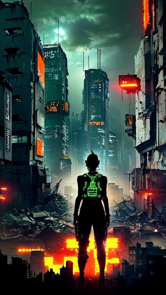 cyberpunk weapon woman tattoos, vest, swaat gear, cropped photo, Generate an atmospheric and neon-lit cityscape at night, with towering skyscrapers and holographic advertisements illuminating the dark streets. Incorporate a sense of grittiness and dystopian decay, with crumbling infrastructure and overgrown vegetation. The dominant color palette should be shades of blue, green, and yellow, with bursts of red and orange from neon signs and explosions. In the center of the image, depict a lone figure (human or android) standing atop a ruined building, looking out over the cityscape with a mixture of determination and despair in their expression. The figure should be dressed in a combination of futuristic and scavenged attire, with visible cybernetic enhancements. Surrounding the figure are hints of rebellion and resistance, such as graffiti-covered walls, makeshift barricades, and scattered scraps of technology and hardware. Incorporate atmospheric elements like smoke, mist, and sparks to add depth and texture to the scene. close up