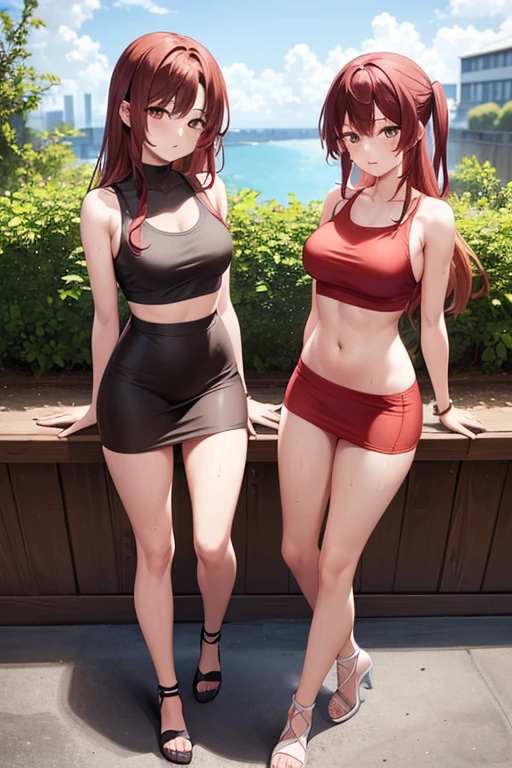 1girl, woman, red tank top, crop top, tight midi pencil skirt (black), long tight pencil skirt, long brown hair, looking at viewer, full body, garden, sweat