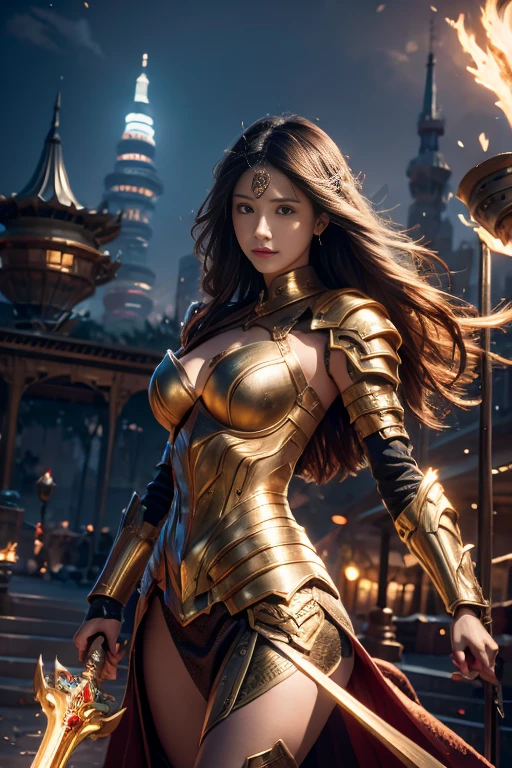 young lady knight, powerful aura, unleashing a slash, dynamic pose, glowing energy, intense expression, detailed armor, fantasy setting, battle scene, vibrant colors, magic, flowing hair, epic, fierce, shining sword, action, dramatic lighting, high contrast, sparks, mystical, warrior, heroic, ethereal, enchanted, strong, determined, anime style, intricate design, motion blur, radiant, fierce battle, medieval fantasy, power, dramatic, swirling energy