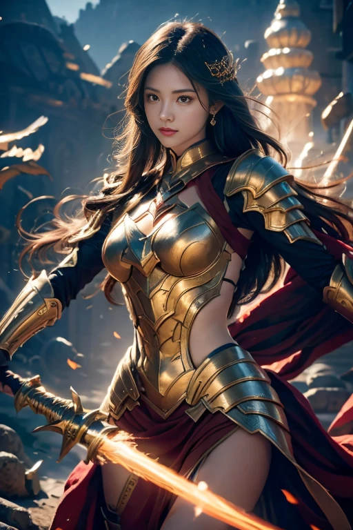(Best Quality,hight resolution,Masterpiece:1.2),HDR,Ultra-detailed,Realistic,Photorealistic:1.37, Girl with long hair, red eyes, solo, white long dress, Irelia, looking at the viewer, white colored hair, bronya, lips, corner, symmetric eyes, medieval background, Chinese, Ancient battlefield, Chinese female general, holding a sword in her hand, Serious expression, whole body, Stunning facial features, Red robe, armor, boots, Yellow sand flying in the sky, Fire, game model, stunning lighting, oc rendering, Film Rim Light, exquisite lighting, Ultra Detailed, Epic creation, Ultra HD, best quality, masterpiece, high quality, 8K