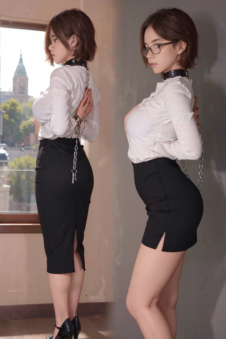 photorealistic,and sharp focus,Highly detailed, masterpiece, ultra-detailed, illustration, best quality,Full body,((2 girls)),(Stand side by side),((1 girl Body facing forward)),((other girl Body back facing forward)),bangs, glasses, bob cut,BDSM,blush,black collar,arms behind back,bondage,neck lock in a black collar,hands behind her back in an anti-prayer posture,wrist attached to her collar with a piece of chain , Large window, City view outside window, white shirt, breasts apart,jewelry, ((huge breasts)),Black long pencil skirt, black stiletto heels