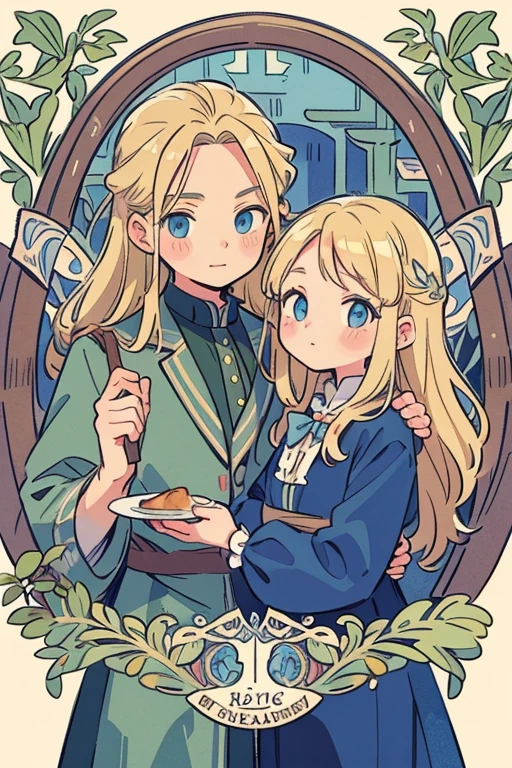 masterpiece, Highest quality, Very detailed, 16K, Ultra-high resolution, Cowboy Shot, Handel and Gretel, (Art Nouveau:1.3), couple, Detailed face, blue eyes,blonde、Room with fireplace