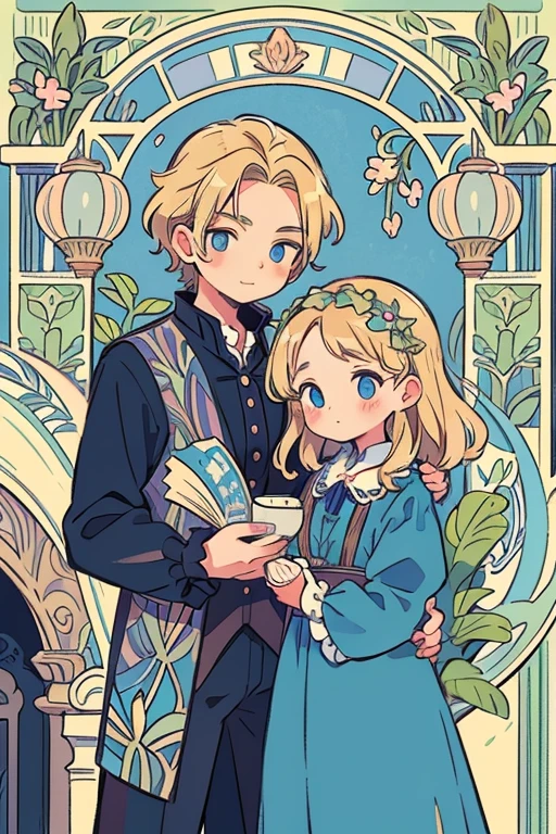 masterpiece, Highest quality, Very detailed, 16K, Ultra-high resolution, Cowboy Shot, Handel and Gretel, (Art Nouveau:1.3), 10 year old couple, Detailed face, blue eyes,blonde、Room with fireplace