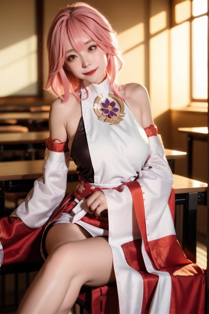 yae_miko, 1girl, bare_shoulders, breasts, detached_sleeves, jewelry, lips, long_hair, long_sleeves, looking_at_viewer, pink_hair, sash, sitting,  solo, wide_sleeves, 
Charming eyes, smile,
Sitting on the chair, sunlight, Autumn,
masterpiece, best quality, 
  RAW photo, 8k, 4k, (intricate details:1.0), (ultra detailed:1.0),  (depth of field:1.0), (blurry background:1.0), (classroom:1.1), (spotlight effect:1.0), (light from the front:1.0), (fair skin:1.0), (super detailed skin:1.0), (clear translucent skin:1.0), (perfect body:1.0), (skinny,:1.0), (curvy body:1.0), (face:1.0), (sensual:1.0),
 