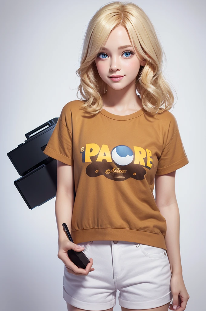 Create Disney Pixar style image, cute, charachter , hair blonde, eyes browns, medium hair, holding printer, wearing trash clothes, face with joy, White background, 3d rendering.