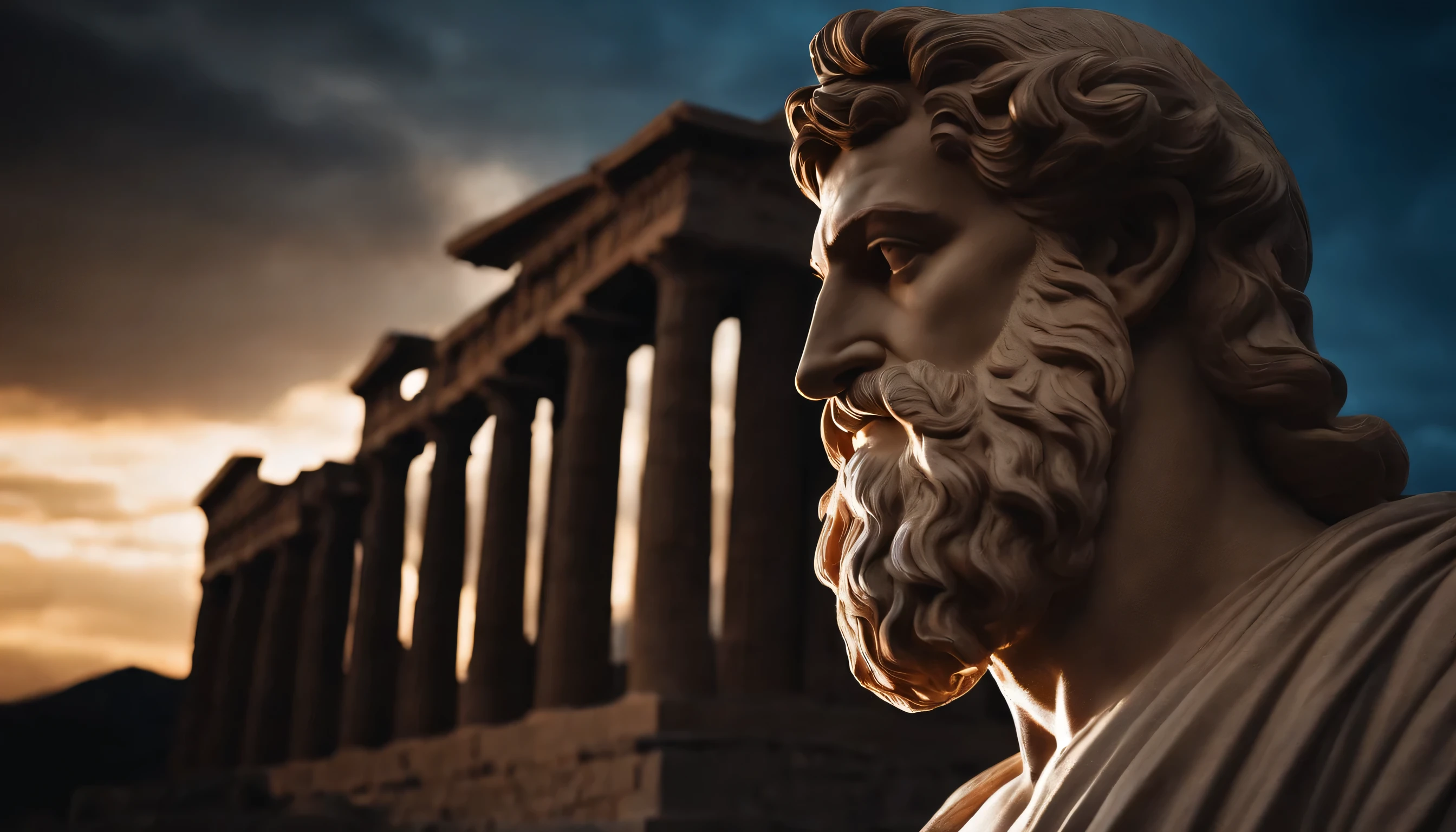 Statue musclée du philosophe grec, grande barbe, cinématique, fond sombre, 8k, ultra réaliste, décor d'il y a 2 mille ans