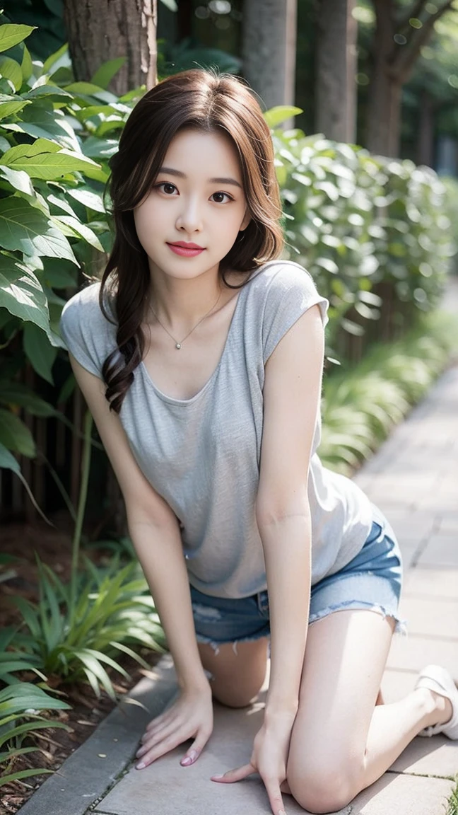 masterpiece, best quality, Surreal, Ultra Detailed, 8k resolution, RAW photos, Clear focus, (A girl in the forest), ((light gray shirt)), sleeveless, sports Shorts,, Solitary, Perfect body, Perfect body, Bangs to eyebrows、Beautiful brown hair、Beautiful and delicate eyes、Brown eyes、Raise an eyebrow、Bangs to eyebrows、Beautiful brown hair、Beautiful and delicate eyes、Brown eyes、Raise an eyebrow、High Nose、Small nostril、Little mouth、Tempting lips、Mouth slightly open、Beautiful breasts、Full body、Oval face,Phoenix Eyes，Eyebrow， Double eyelids, Long eyelashes, A faint smile, full-body shot:1.2，She has a pair of eyes as clear as water，Eyebrows are like distant mountains，Creamy skin，Lips like cherry blossoms。Her beauty is not only in appearance，It&#39;s more about her fragile yet tenacious temperament，Like a hibiscus flower swaying in the wind，It's pitiful， A faint smile, full-body shot:1.2，（Bring your legs together：1.5），with a round face， 32 inches in the chest, (sexy pose),(standing pose) ,(full body shot)、，
 32 inches in the chest,(a charming smile:1), (sexy pose)，26 years old, light,White shoes，Stand up
