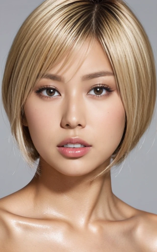 gyaru, dark-skinned, shiny oiled skin, blond hair, short cut hair, face close up, simple gradient background