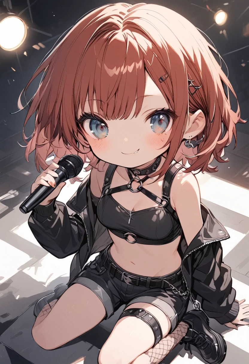 full body,1 girl, (cute:1.3),short red Hair, left eye blue, right eye yellow, tan skin, freckles,{open sexy clothes, black skirt, Black stockings, long sleeves, chest harness, black shirt, crop top, shorts, Shoes, O-Ring, midriff, off shoulder, medium breasts, thigh strap, shorts, fishnet stockings,Glossy, shiny material, chibi emote, chibi character, chibi, holding microphone, singing into microphone, embarrassed expression