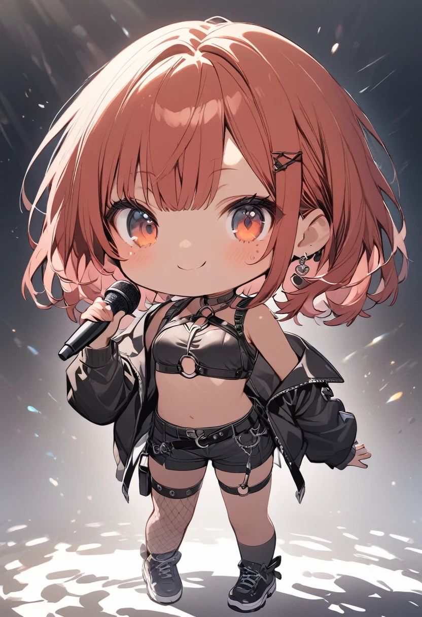 full body,1 girl, (cute:1.3),short red Hair, left eye blue, right eye yellow, tan skin, freckles,｛open sexy clothes, black skirt, Black stockings, long sleeves, chest harness, black shirt, crop top, shorts, Shoes, O-Ring, midriff, off shoulder, medium breasts, thigh strap, shorts, fishnet stockings,Glossy, shiny material, chibi emote, chibi character, chibi, holding microphone, singing into microphone, embarrassed expression 