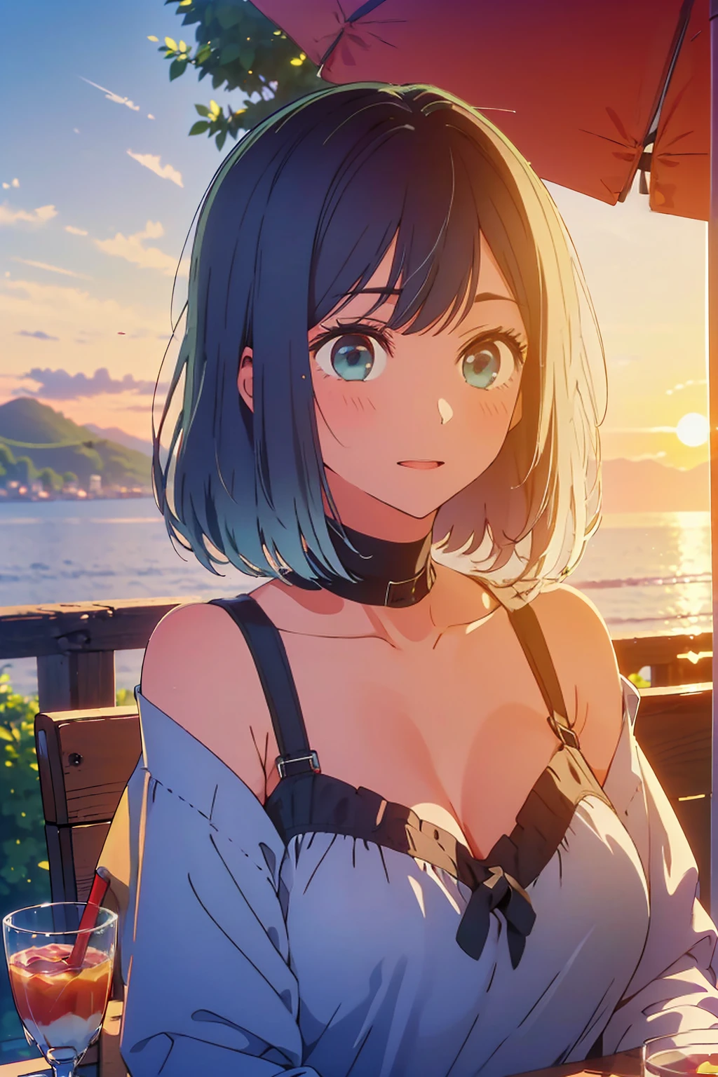 (Highest quality:1.4、masterpiece:1.4、Super detailed:1.4、8K:1.4)、((((1 person、Surprised expression、sit、Outdoor café terrace、coastal、juice、table、Sandy Beach、bikini、juiceのグラスを持つ、Big eyes、Shallow depth of field、Very cute face))))、(((bikiniサイズは小さい)))、(((sunset、Sunset)))、F cup bust、Big Breasts