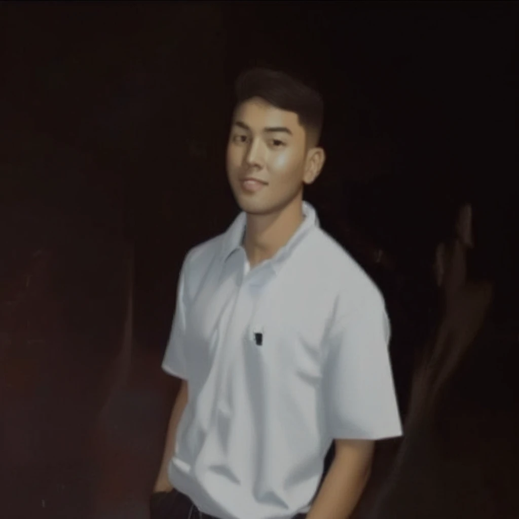 Create a 3D animation of a cartoon caricature with a big head. a 20 year old Indonesian man. He has short black hair parted on the right side. His face is oval with smooth lines, thick and neat black eyebrows, normal eyes, a big nose, and thin lips with a wide, friendly smile. He wore a light gray leather jacket over a white t-shirt. Gradient blue background with professional lighting. masterpiece, top quality, highly detailed skin and face, ultra-realistic, high definition, studio lighting, sharp focus, 2/3 body angle, Concept Art, 3D rendering.