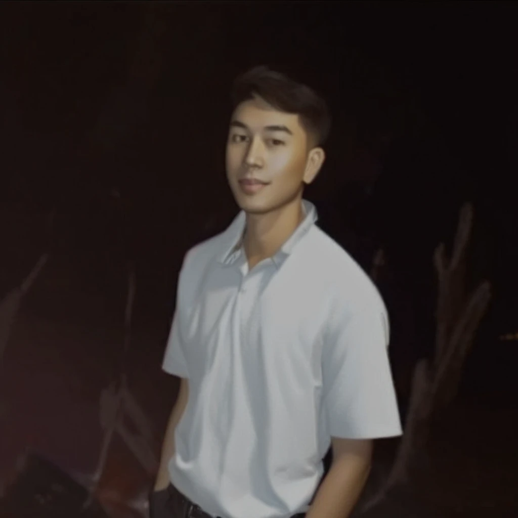 Create a 3D animation of a cartoon caricature with a big head. a 20 year old Indonesian man. He has short black hair parted on the right side. His face is oval with smooth lines, thick and neat black eyebrows, normal eyes, a big nose, and thin lips with a wide, friendly smile. He wore a light gray leather jacket over a white t-shirt. Gradient blue background with professional lighting. masterpiece, top quality, highly detailed skin and face, ultra-realistic, high definition, studio lighting, sharp focus, 2/3 body angle, Concept Art, 3D rendering.